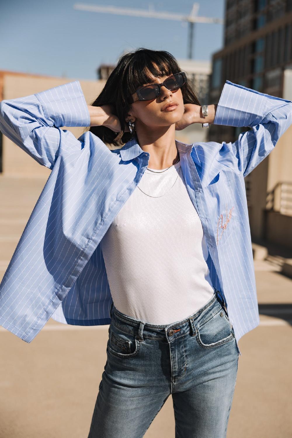 Freeman T. Porter Chestine Boyfriend Chemise Rayée Et Brodée Femme Baby Blue