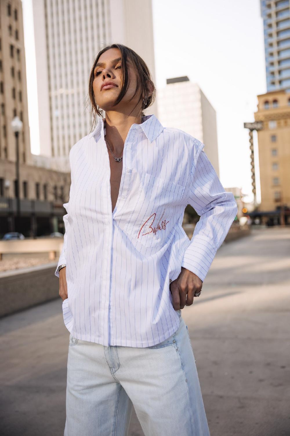 freeman t. porter Chestine Boyfriend Chemise rayée et brodée Femme white