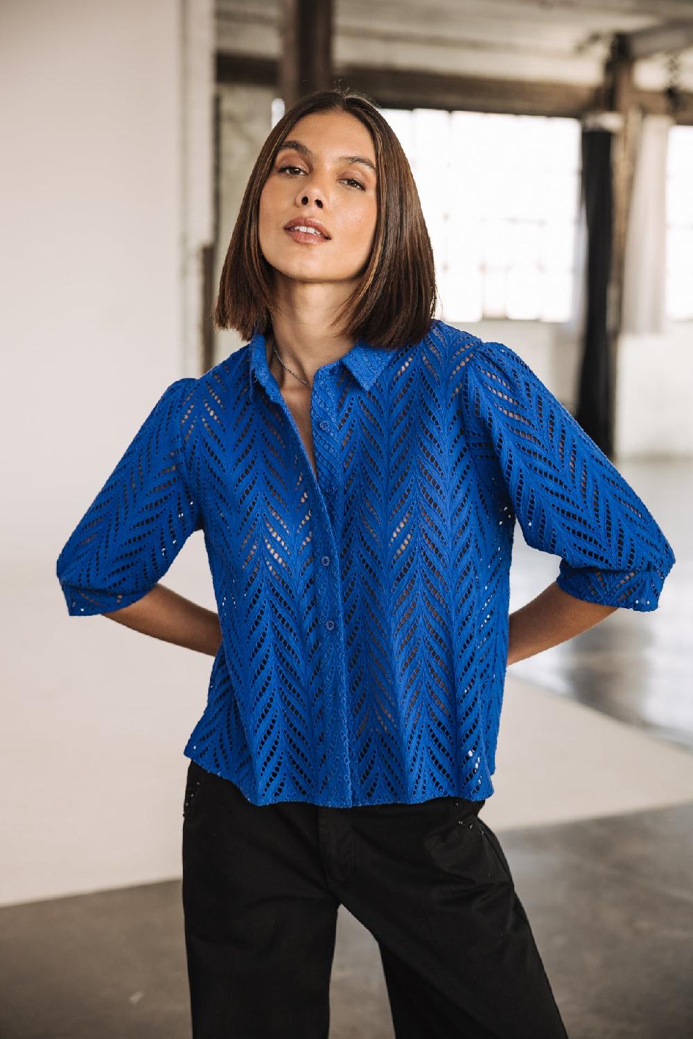 Freeman T. Porter Cresia Leaf Lace Chemise En Broderie Anglaise Femme Dazzling Blue