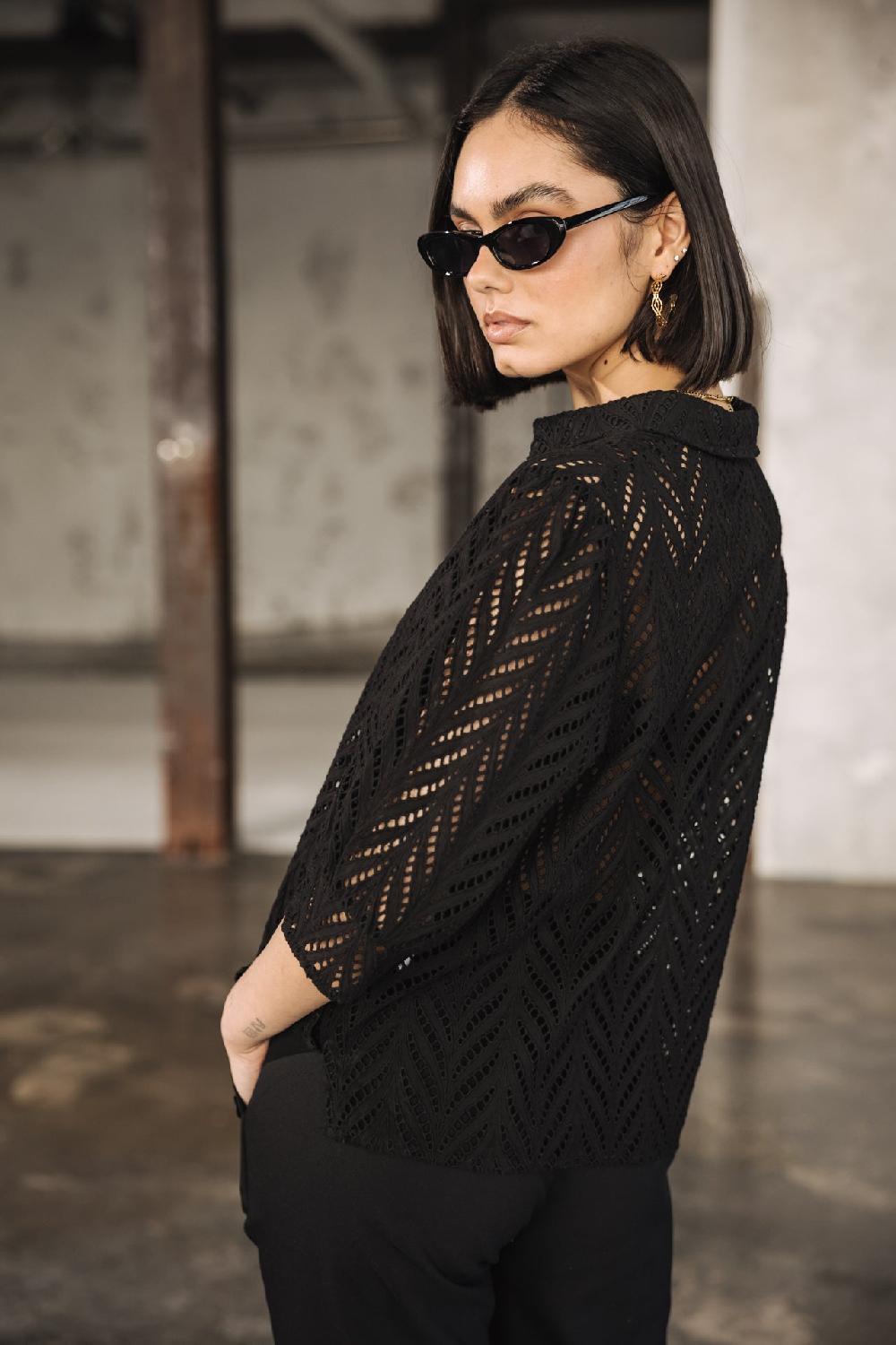 Freeman T. Porter Cresia Leaf Lace Chemise En Broderie Anglaise Femme Black