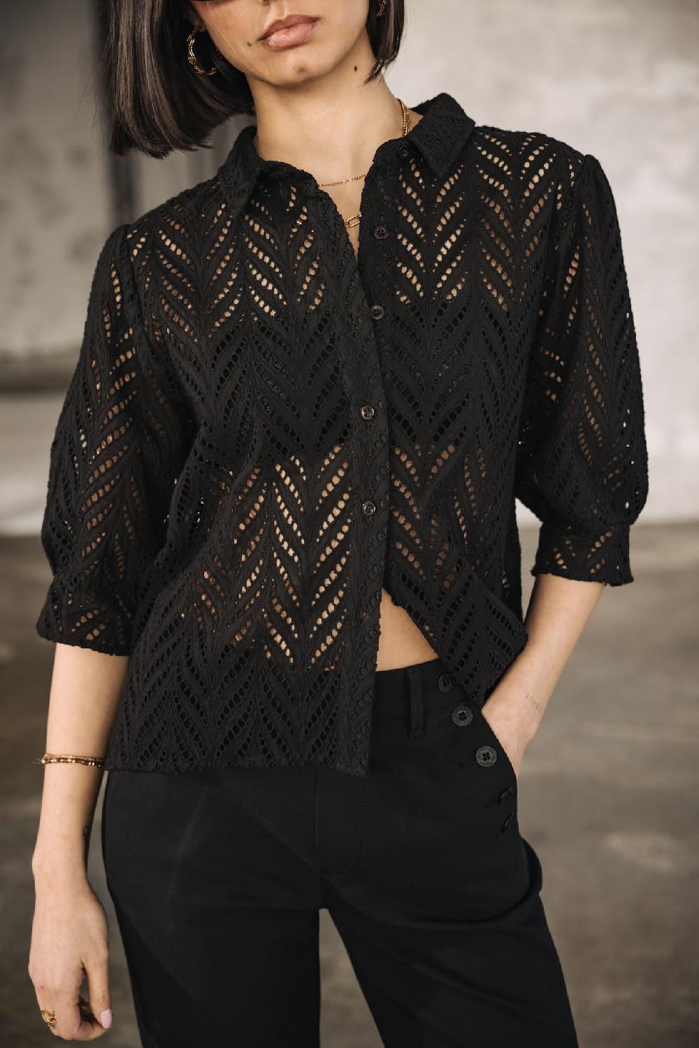 Freeman T. Porter Cresia Leaf Lace Chemise En Broderie Anglaise Femme Black