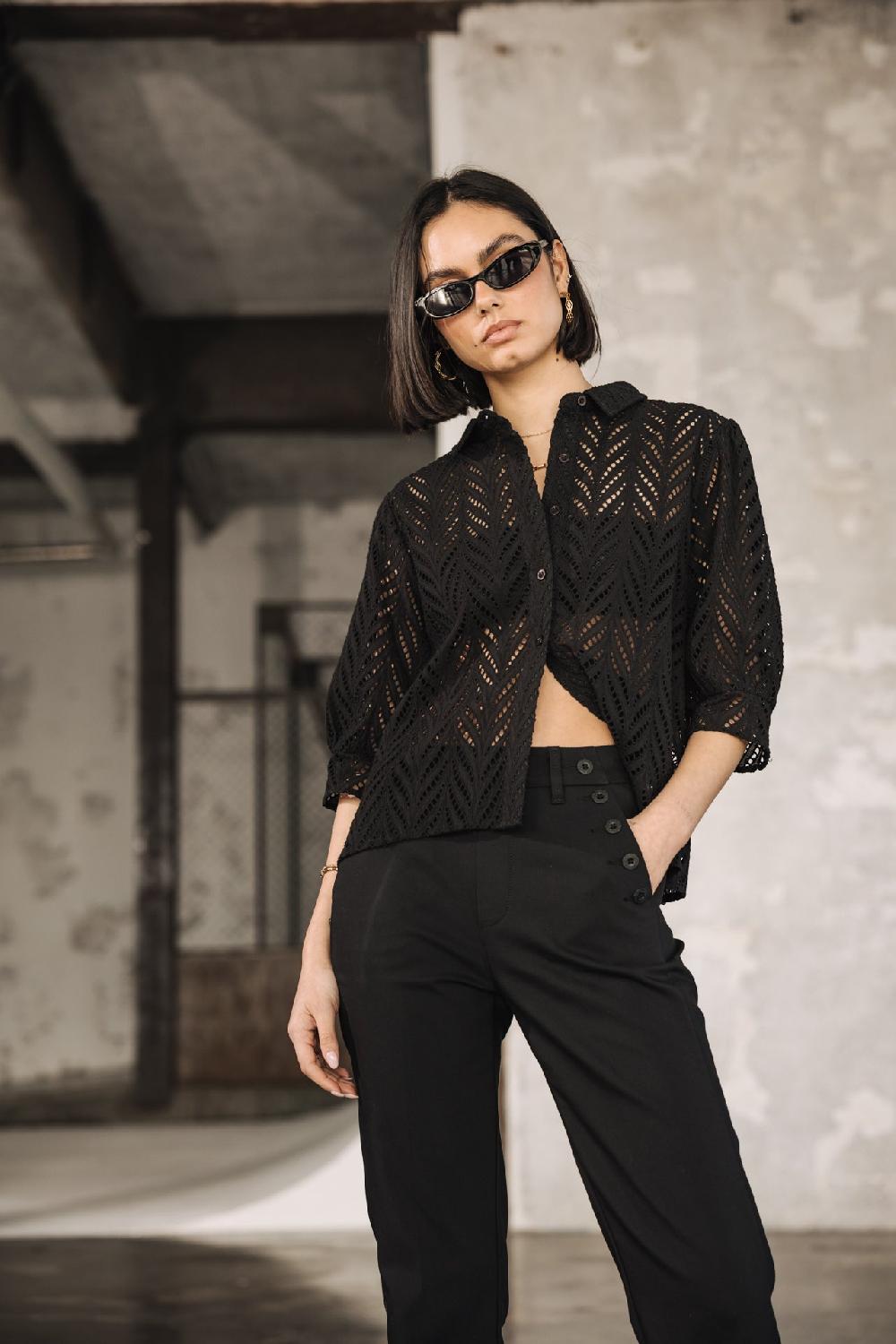 freeman t. porter Cresia Leaf Lace Chemise en broderie anglaise Femme black