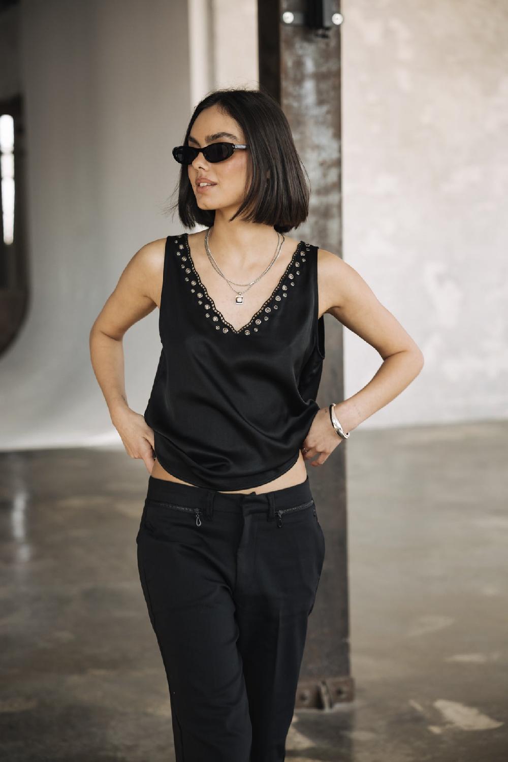 Freeman T. Porter Dila Plain Top Avec Oeillets Femme Black