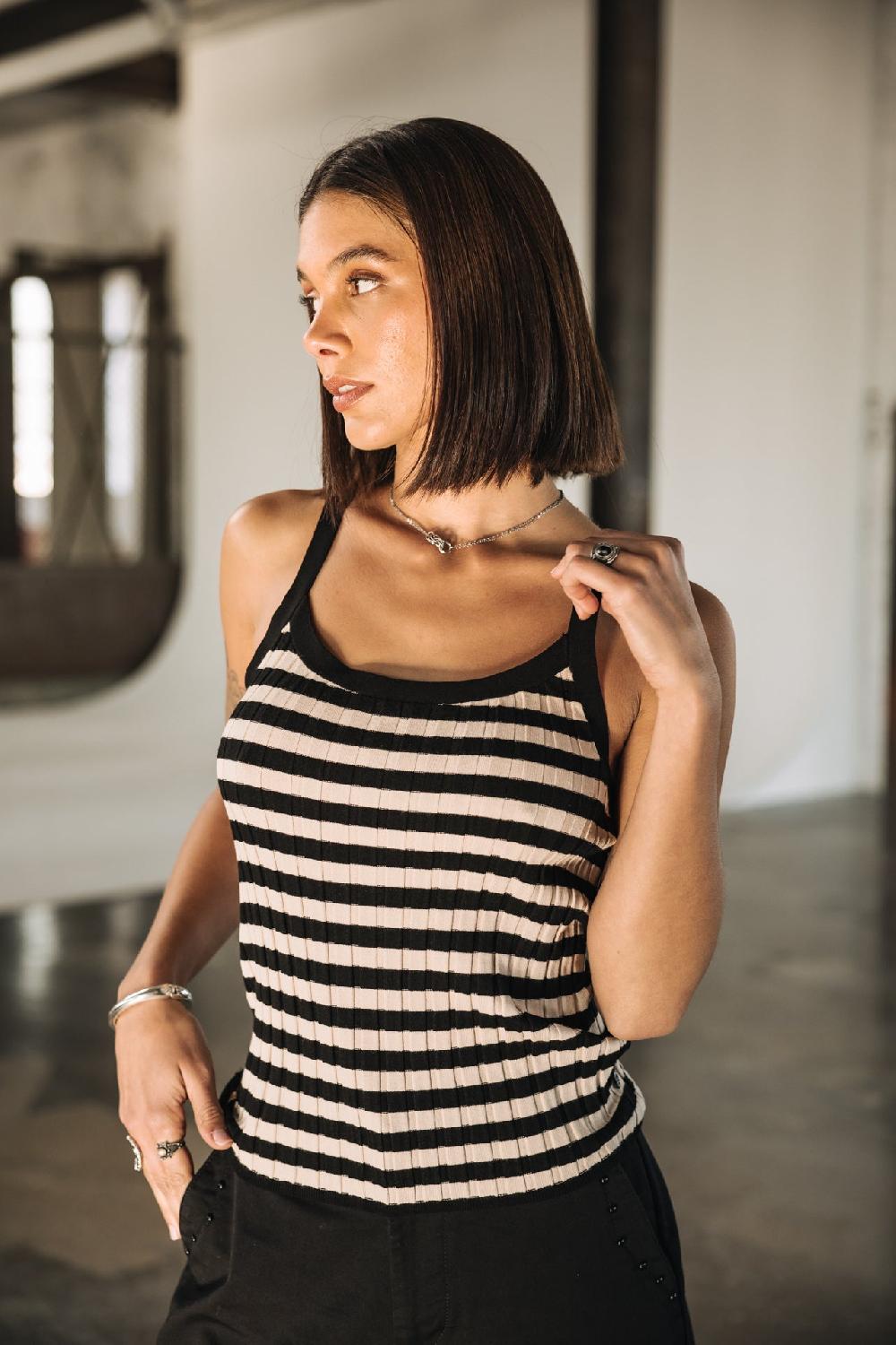 Freeman T. Porter Dolores Stripes Débardeur Col V Femme Irish Cream