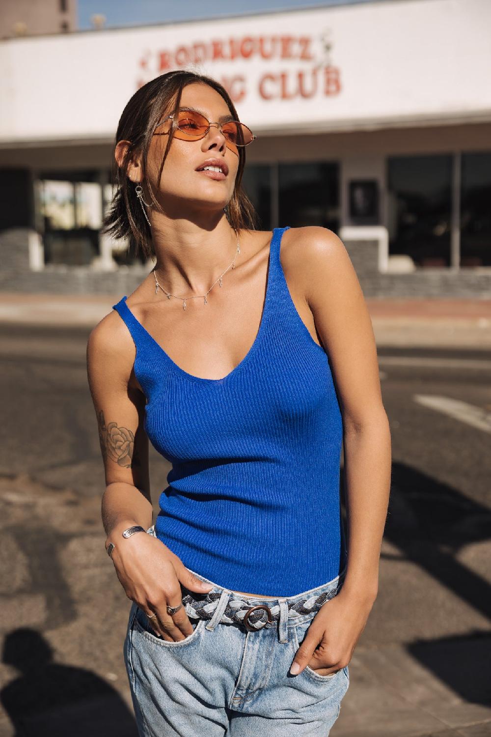 freeman t. porter Doriana Rib Débardeur col V Femme dazzling blue