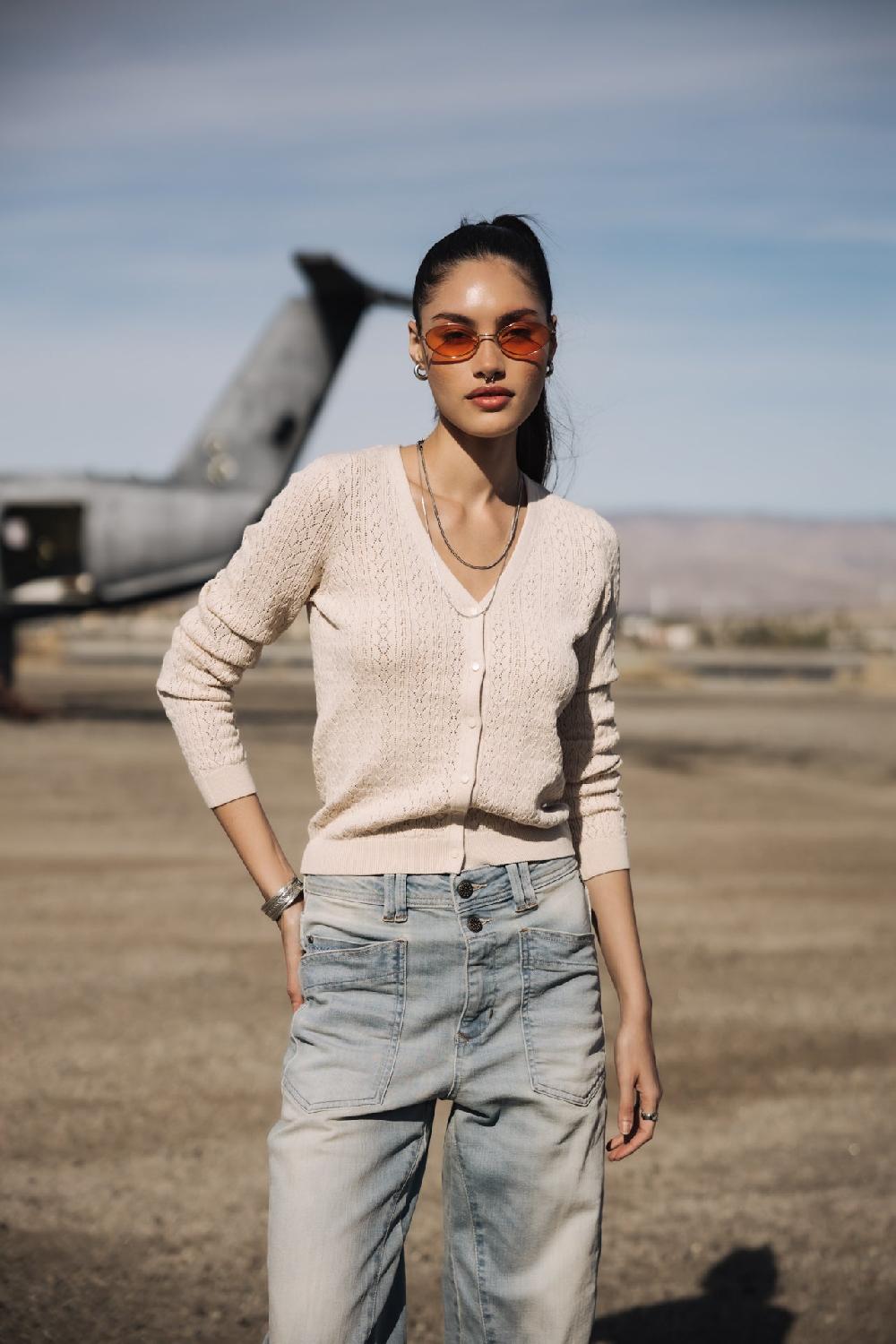 Freeman T. Porter Garel Pointelle Cardigan Ajusté Femme Ficelle