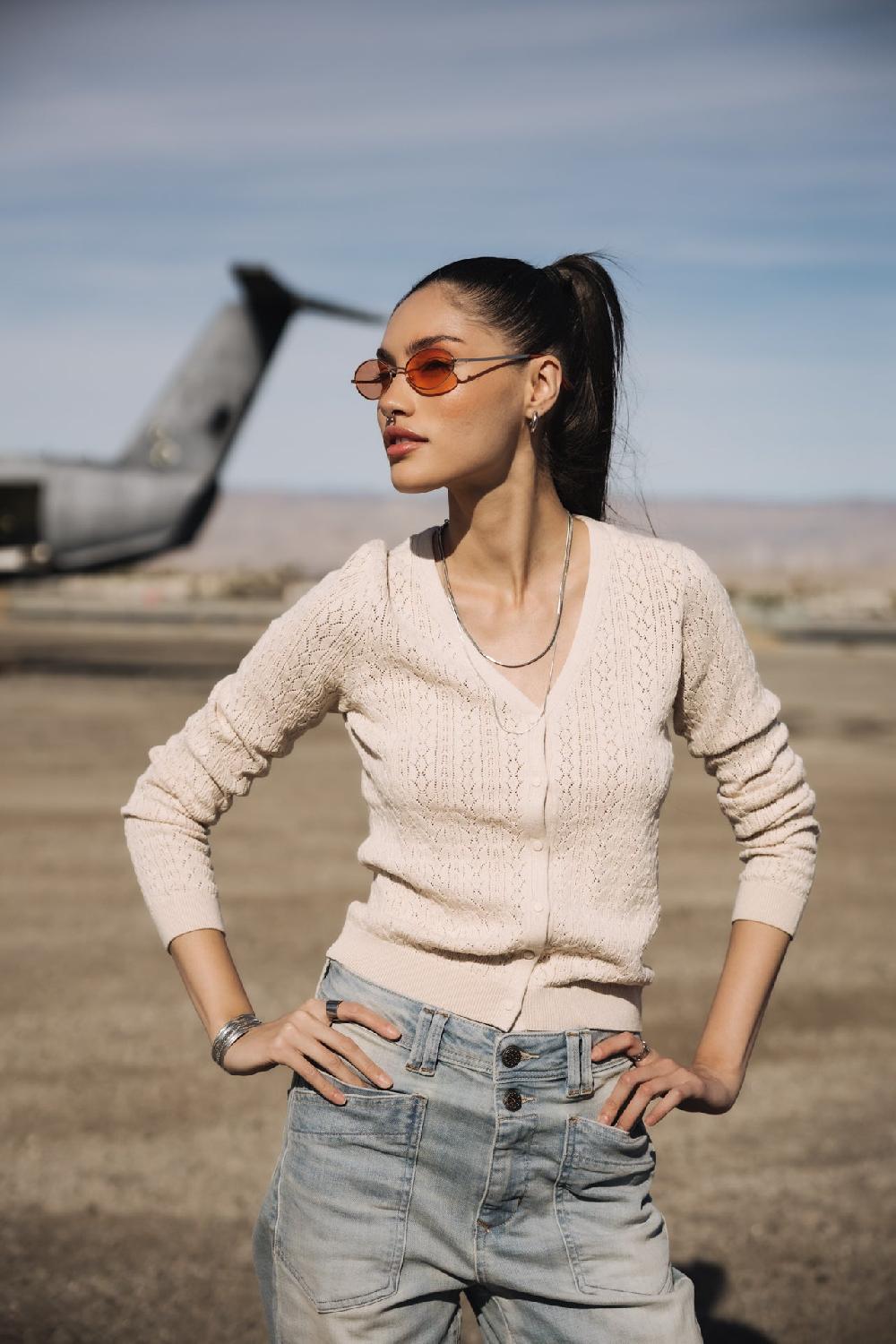 freeman t. porter Garel Pointelle Cardigan ajusté Femme ficelle