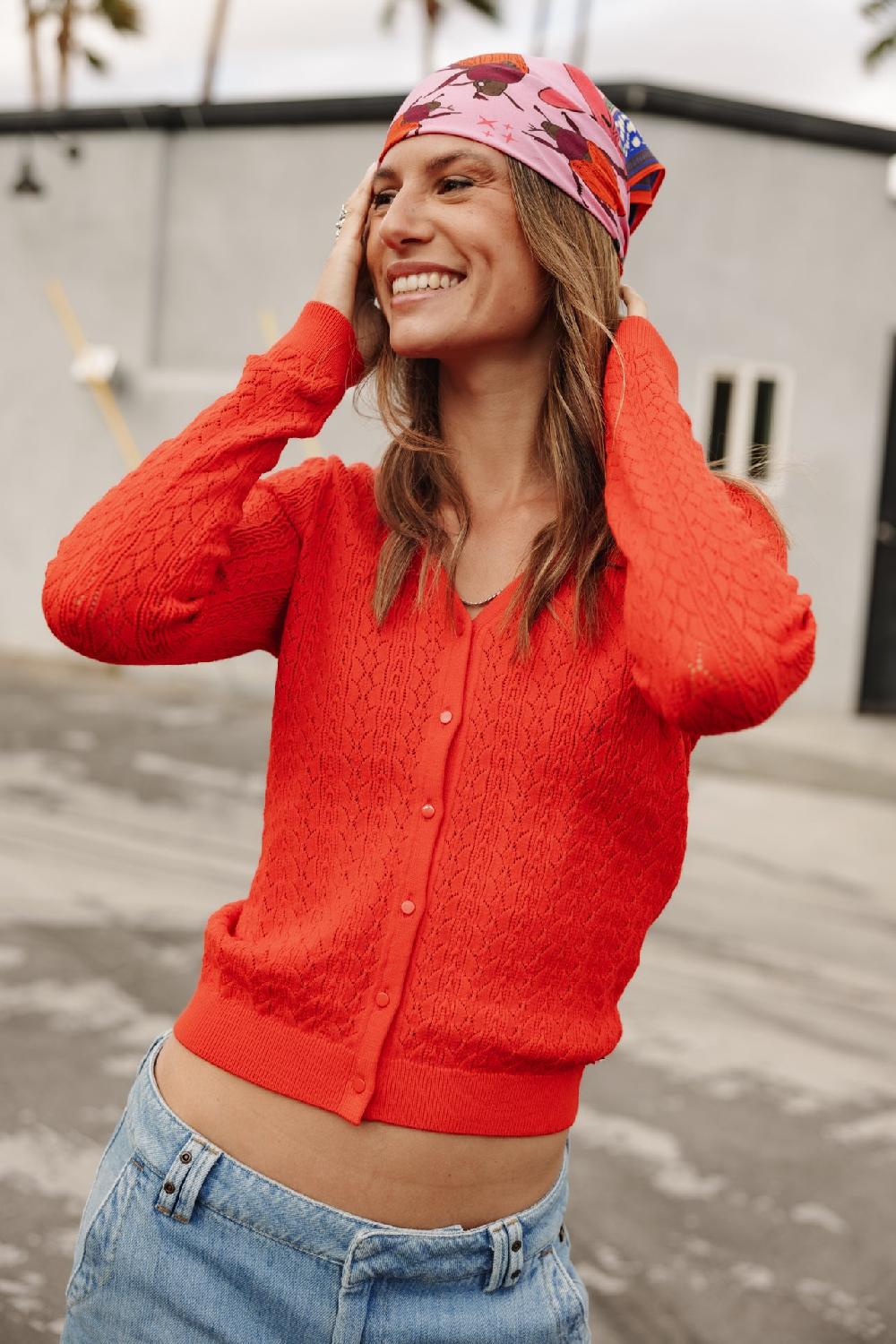 freeman t. porter Garel Pointelle Cardigan ajusté Femme red alert