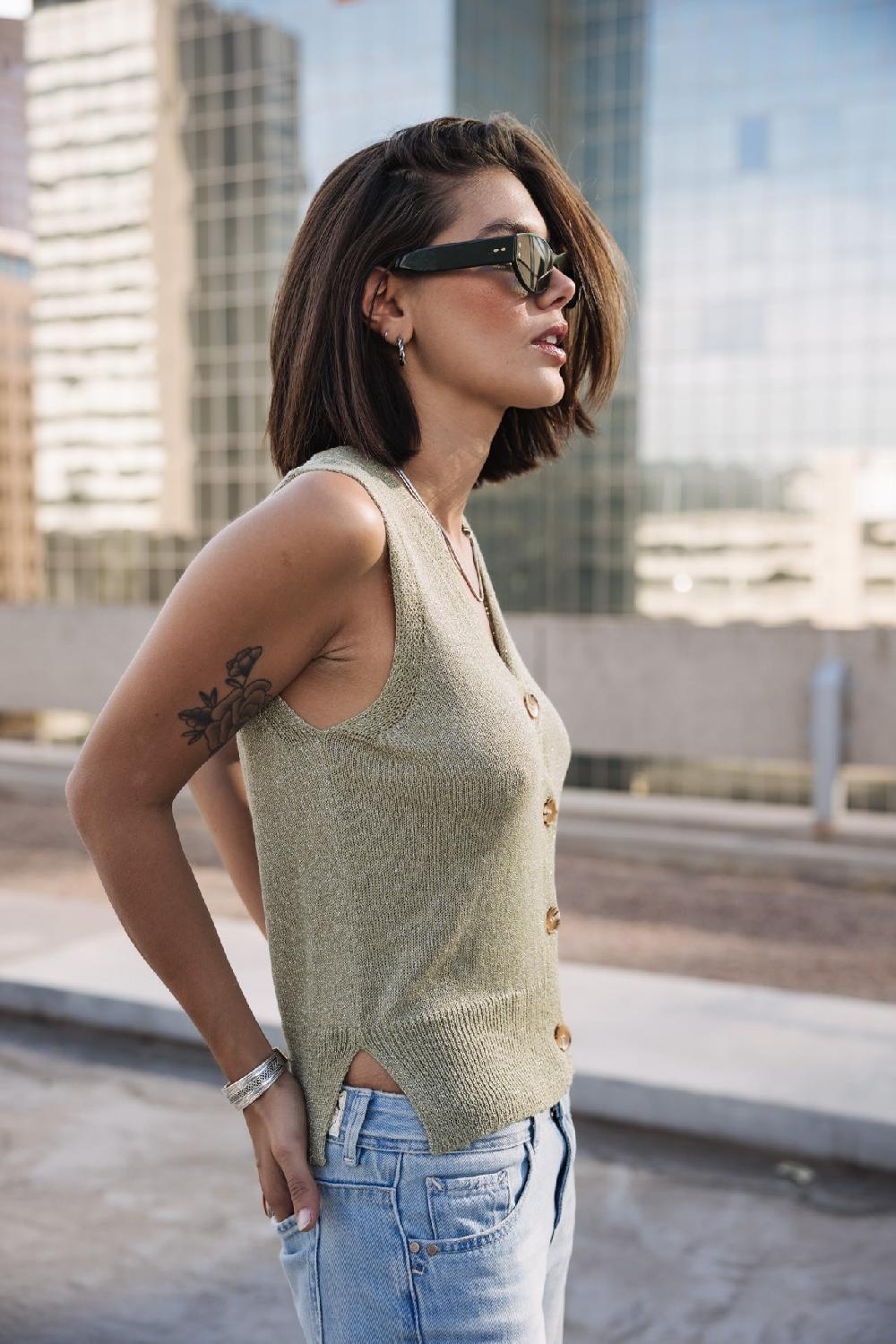 Freeman T. Porter Gira Glitter Débardeur Boutonné Femme Desert Sage