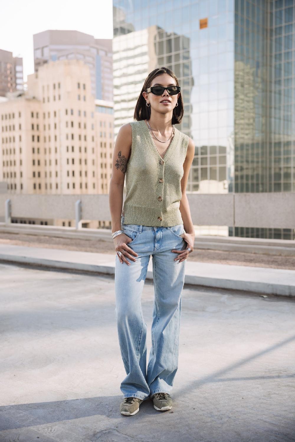 Freeman T. Porter Gira Glitter Débardeur Boutonné Femme Desert Sage