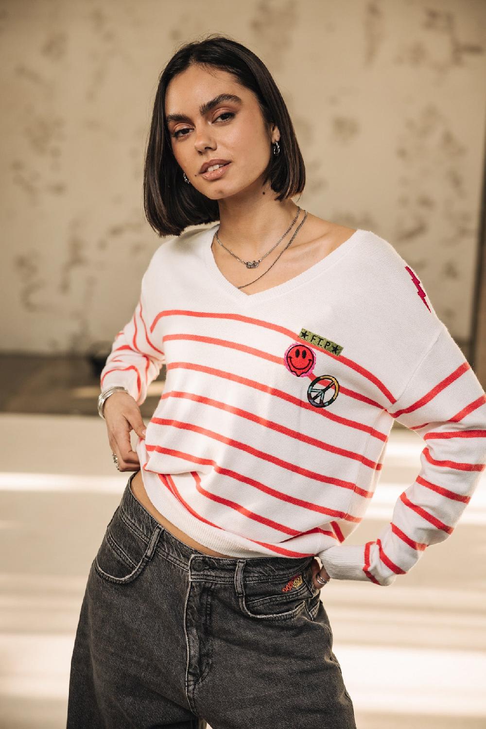 freeman t. porter Isabel Stripes Pull marinière Femme tangerine tango