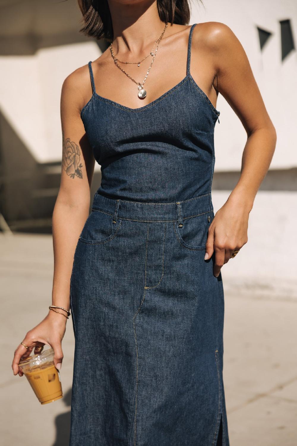 Freeman T. Porter Jaina Denim Robe Avec Fente Côté Femme Manzana Dark