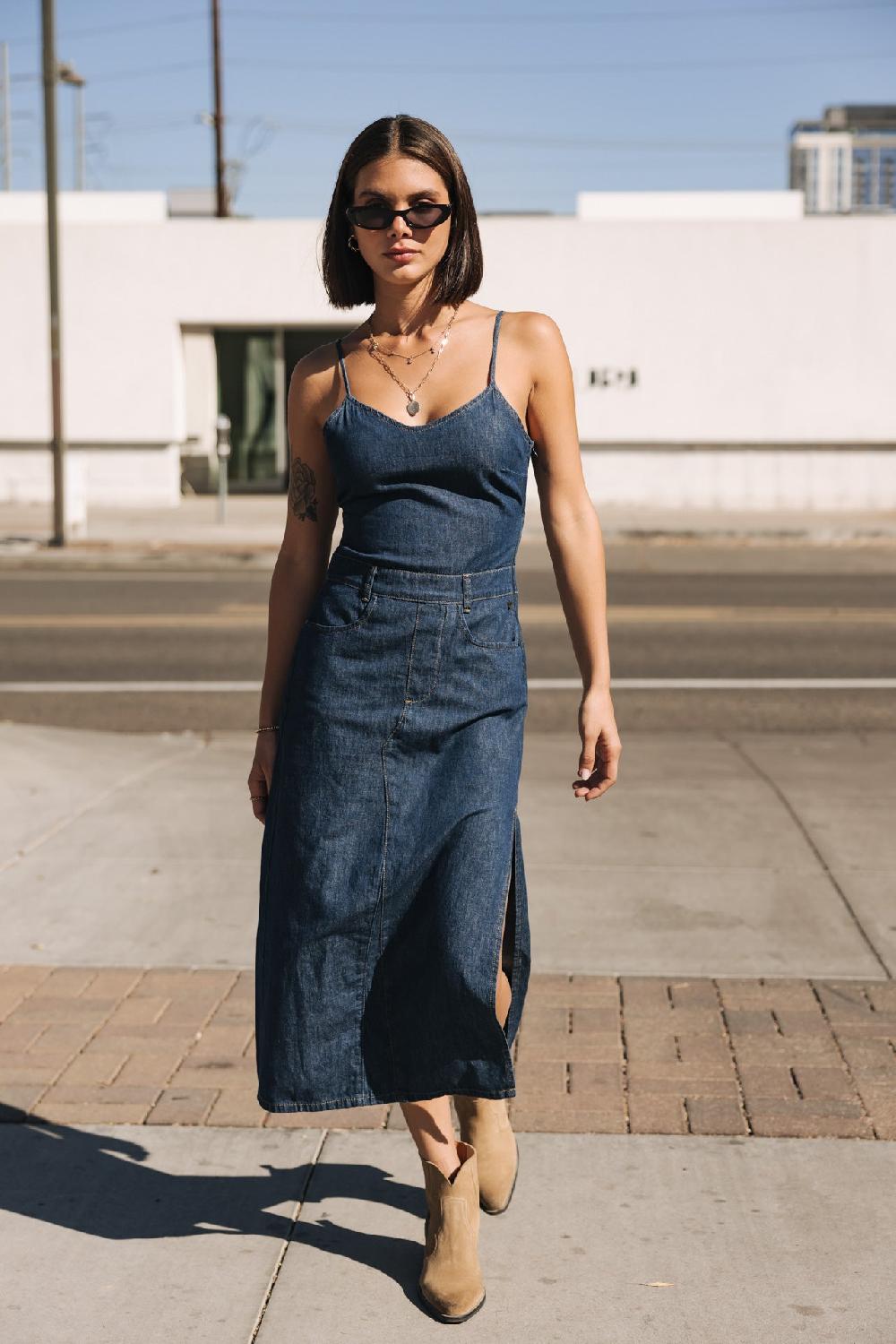 freeman t. porter Jaina Denim Robe avec fente côté Femme manzana dark