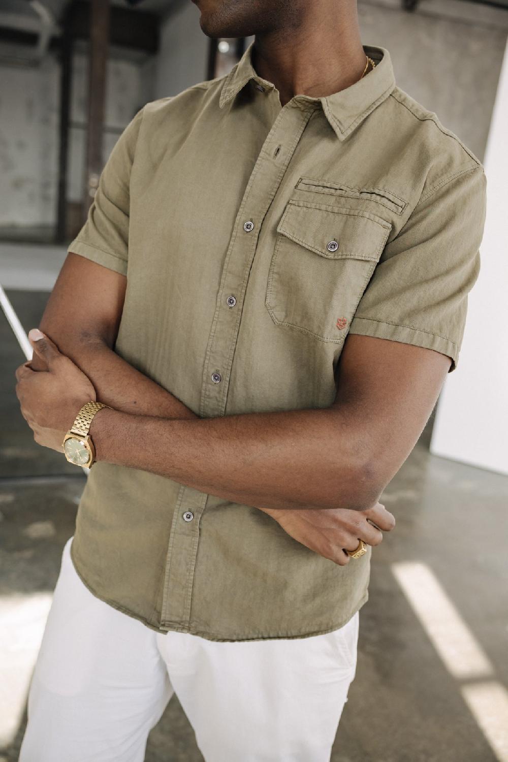 Freeman T. Porter Joshua Washed Linen Chemise Manches Courtes Homme Dusty Olive