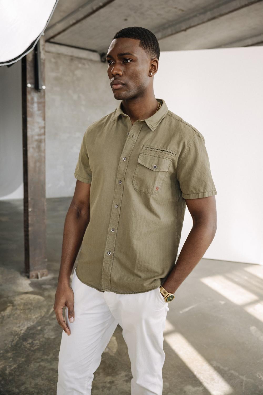 freeman t. porter Joshua Washed Linen Chemise manches courtes Homme dusty olive