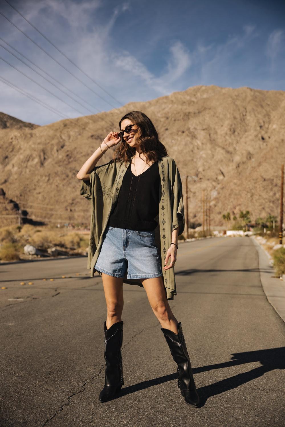 Freeman T. Porter Kanna Sahara Trip Kimono à Motifs Femme Deep Lichen Green