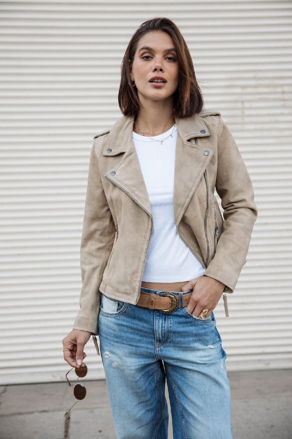 freeman t. porter Kristen Daim Perfecto en cuir Femme dirty beige