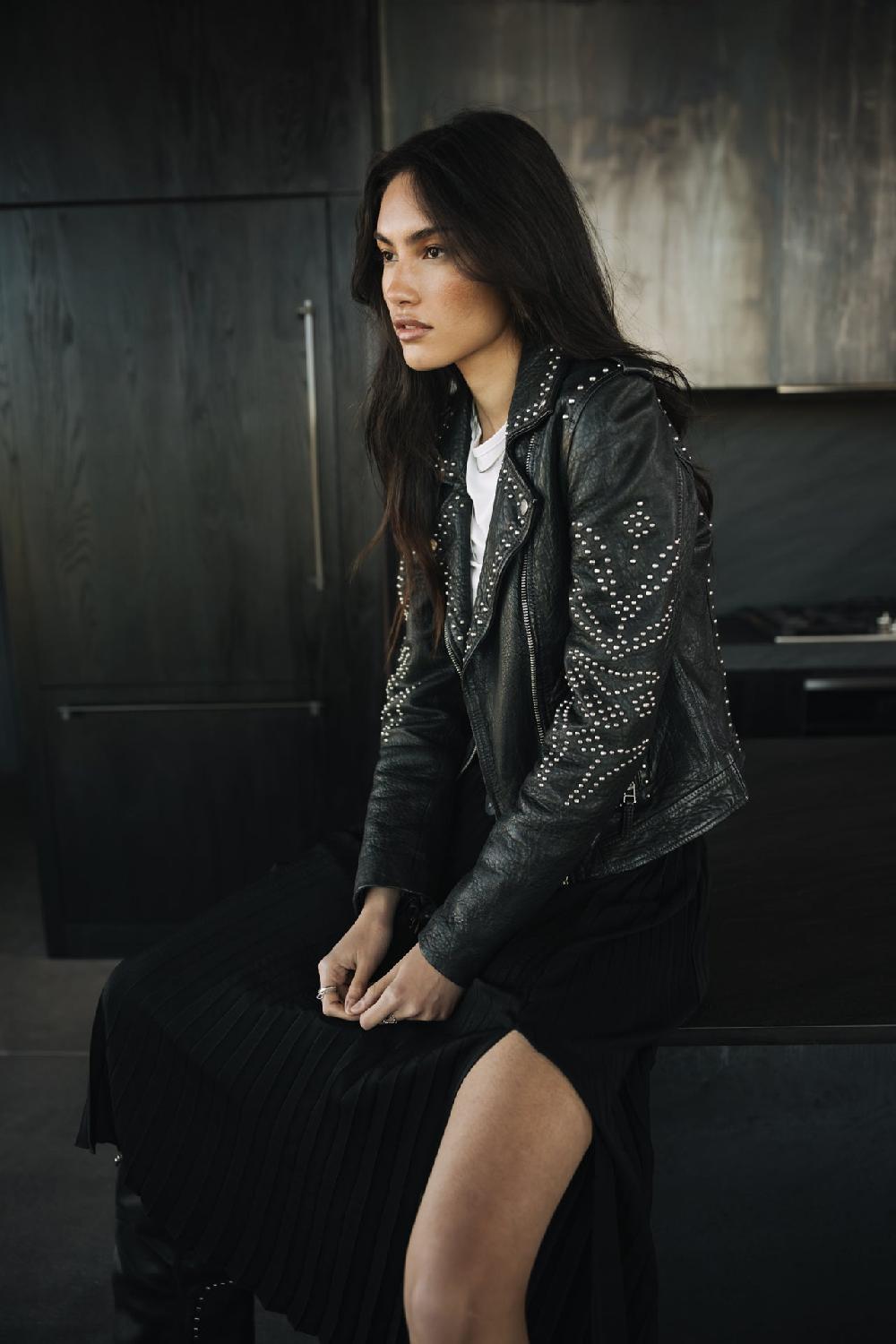 Freeman T. Porter Kristen Leather Claws Perfecto En Cuir Clouté Femme Anthra