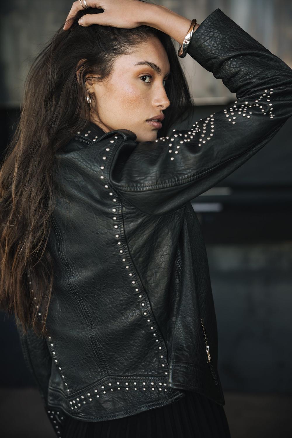 Freeman T. Porter Kristen Leather Claws Perfecto En Cuir Clouté Femme Anthra