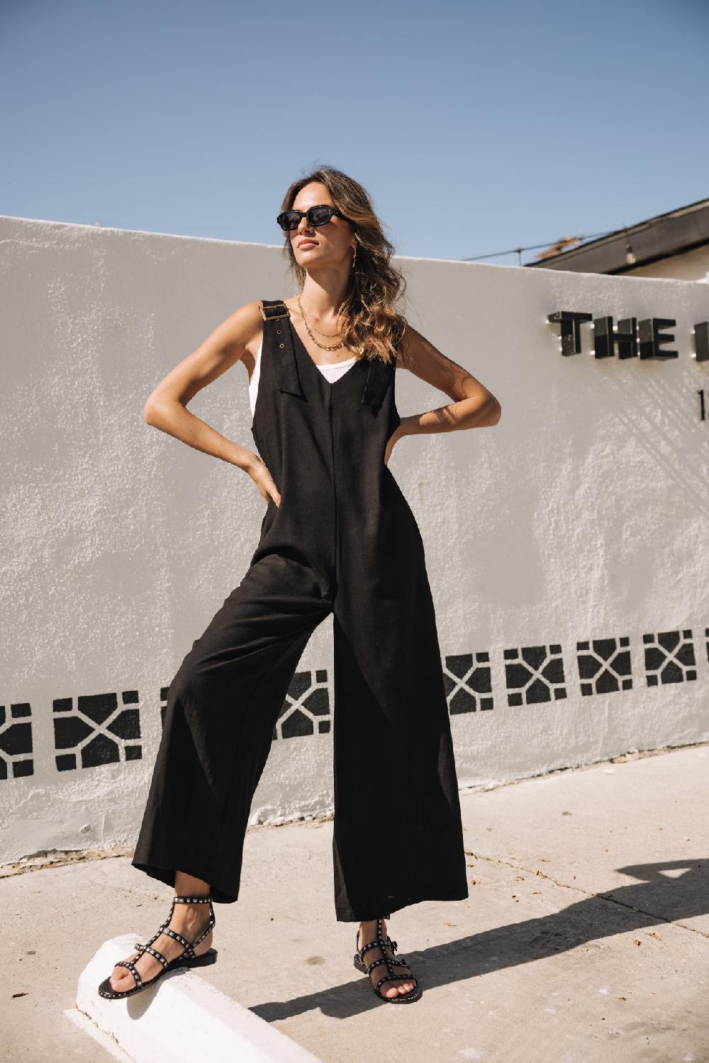 Freeman T. Porter Mariam Plain Linen Salopette Loose En Lin Femme Black