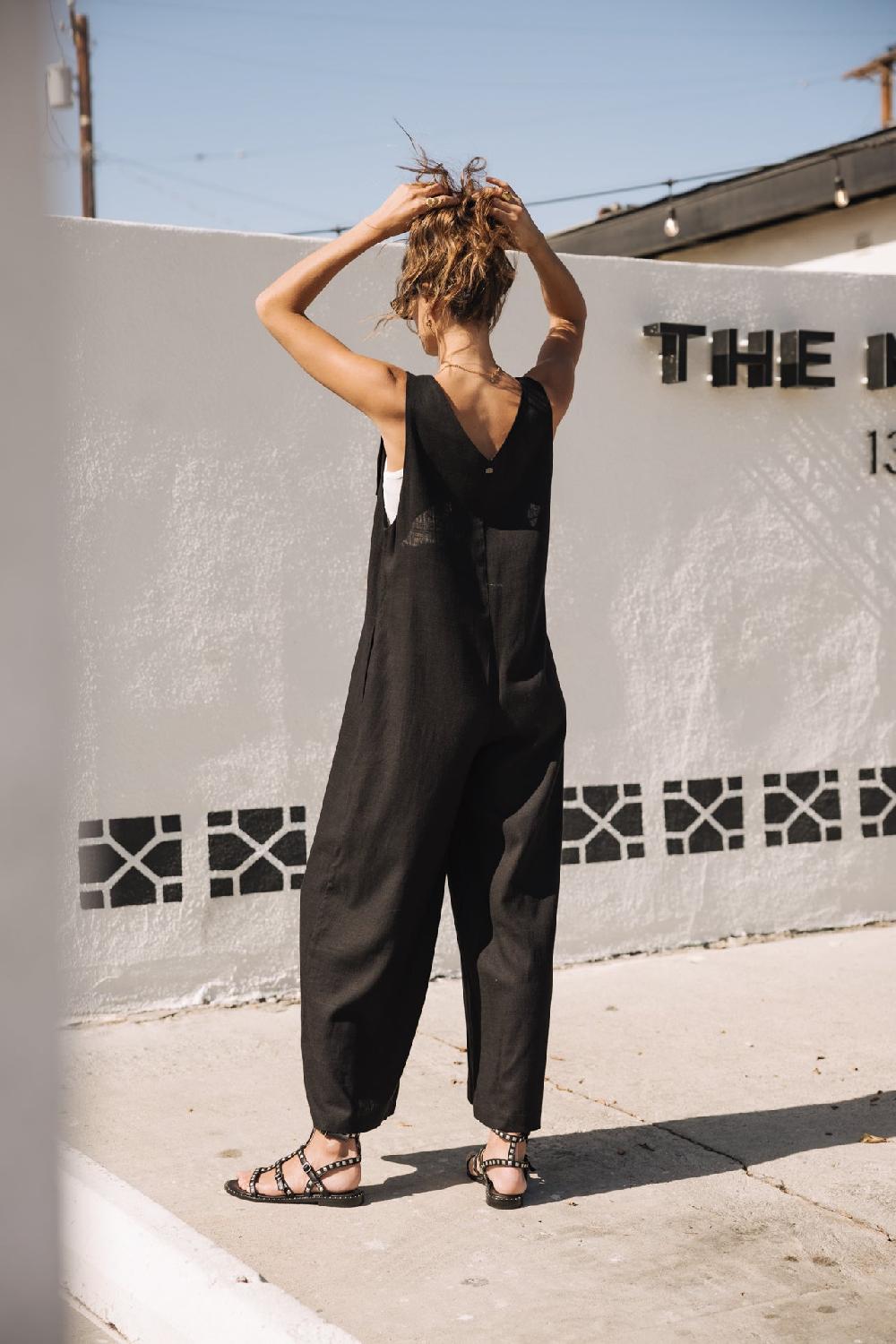 Freeman T. Porter Mariam Plain Linen Salopette Loose En Lin Femme Black