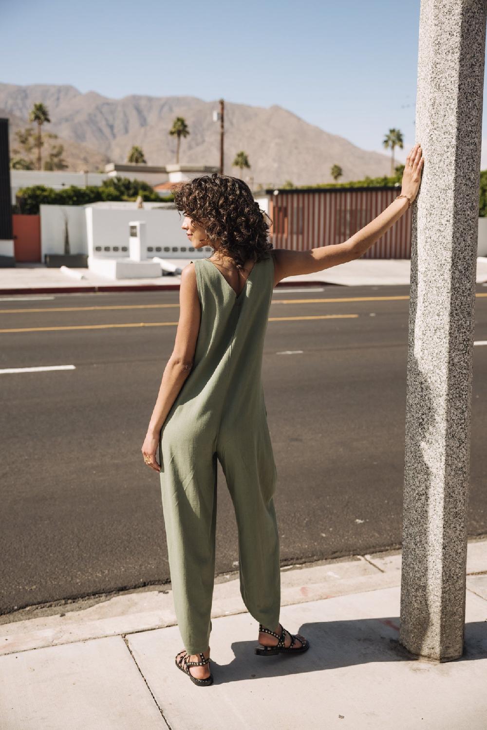 Freeman T. Porter Mariam Plain Linen Salopette Loose En Lin Femme Deep Lichen Green