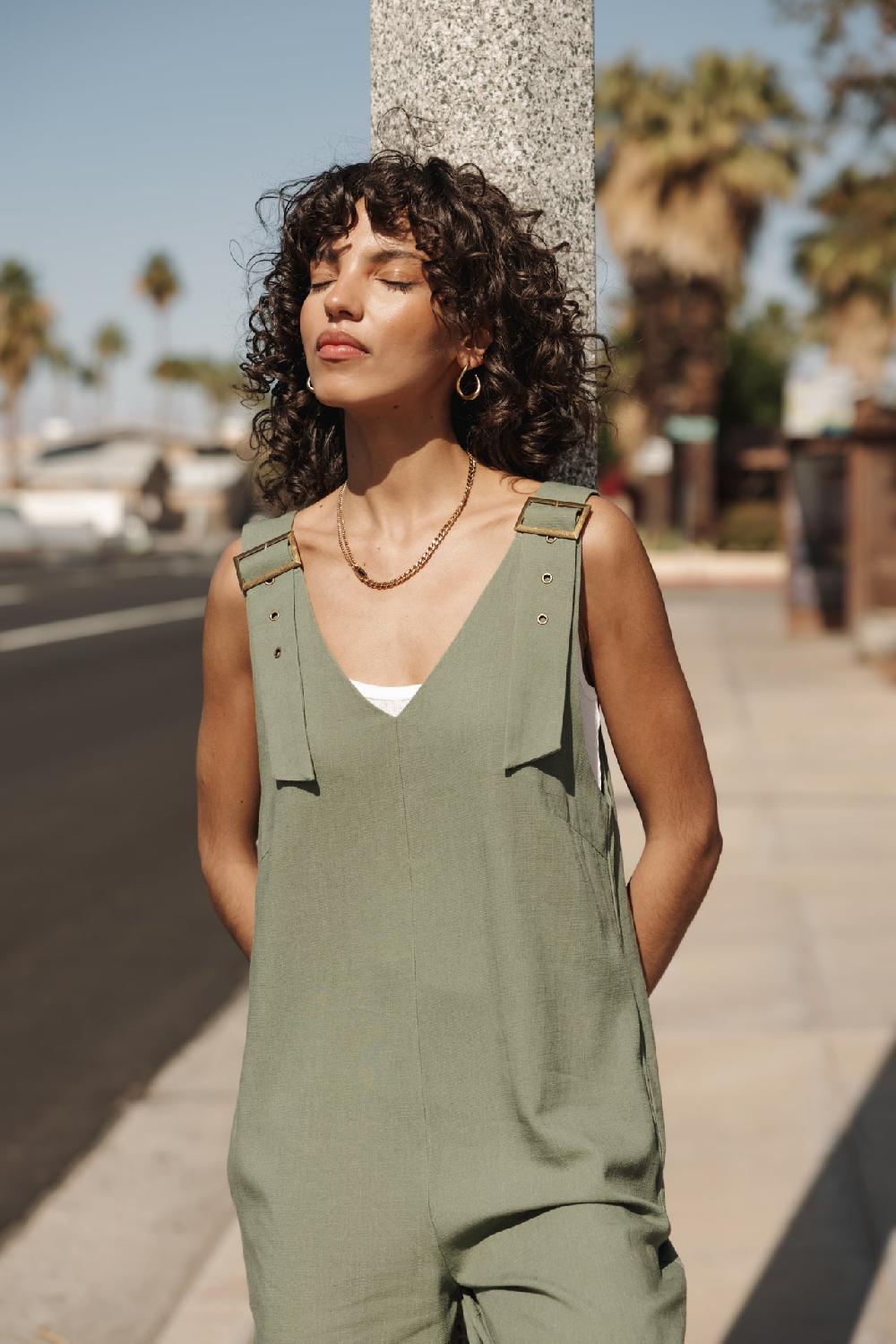 Freeman T. Porter Mariam Plain Linen Salopette Loose En Lin Femme Deep Lichen Green