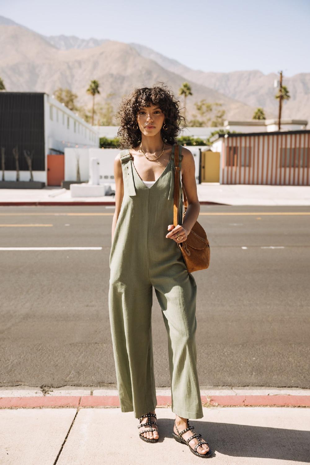 freeman t. porter Mariam Plain Linen Salopette loose en lin Femme deep lichen green