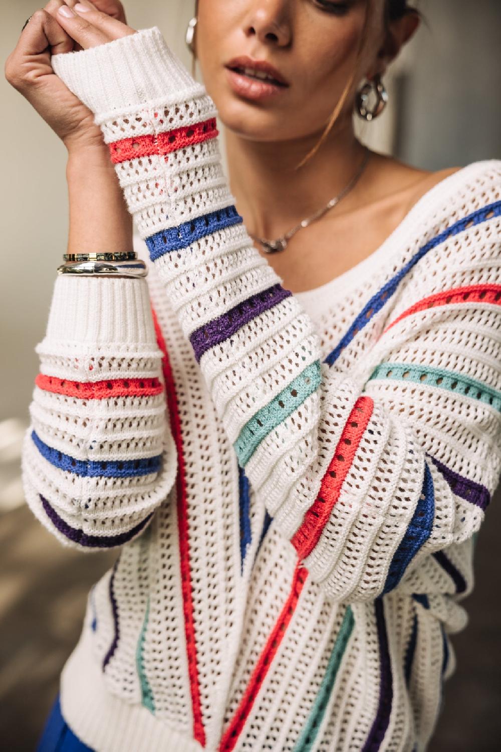 Freeman T. Porter Persiana Multico Pull En Maille Ajourée Femme White