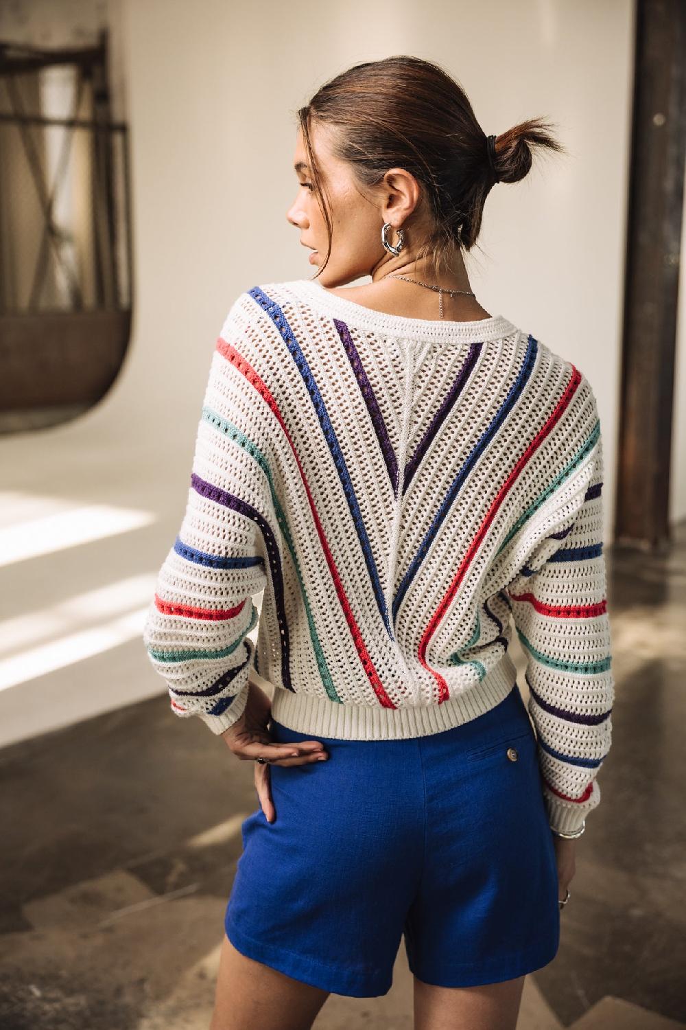 Freeman T. Porter Persiana Multico Pull En Maille Ajourée Femme White