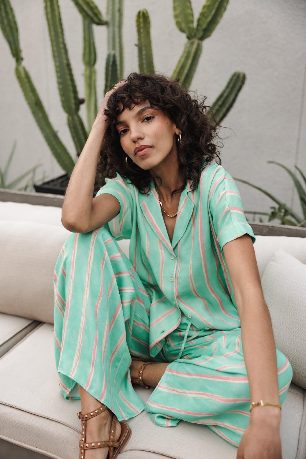 Freeman T. Porter Phandy Crafty Stripe Pantalon Palazzo Femme Deep Mint