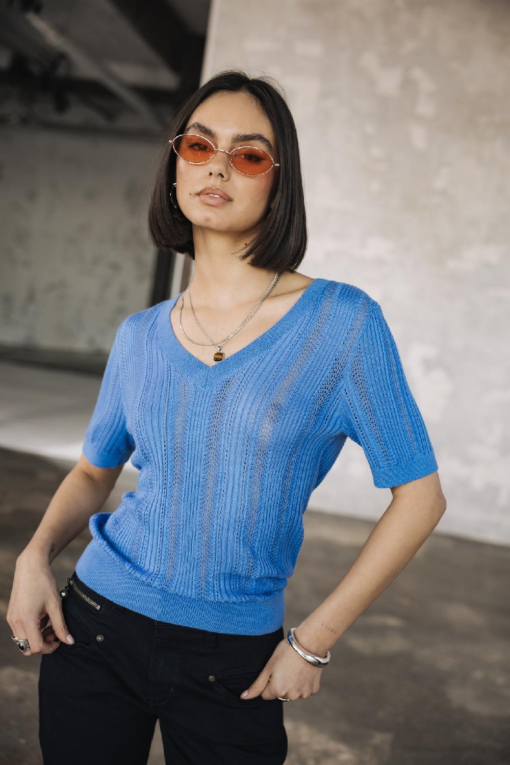 Freeman T. Porter Polane Rib T-shirt En Maille Ajourée Femme Granada Sky