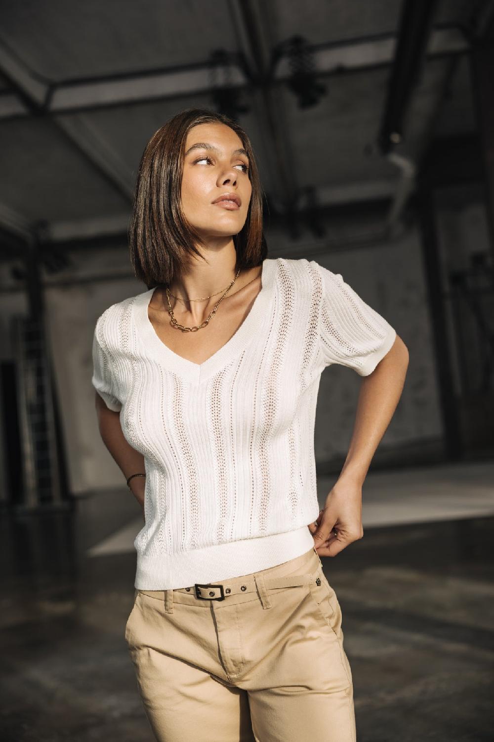 freeman t. porter Polane Rib T-shirt en maille ajourée Femme off white