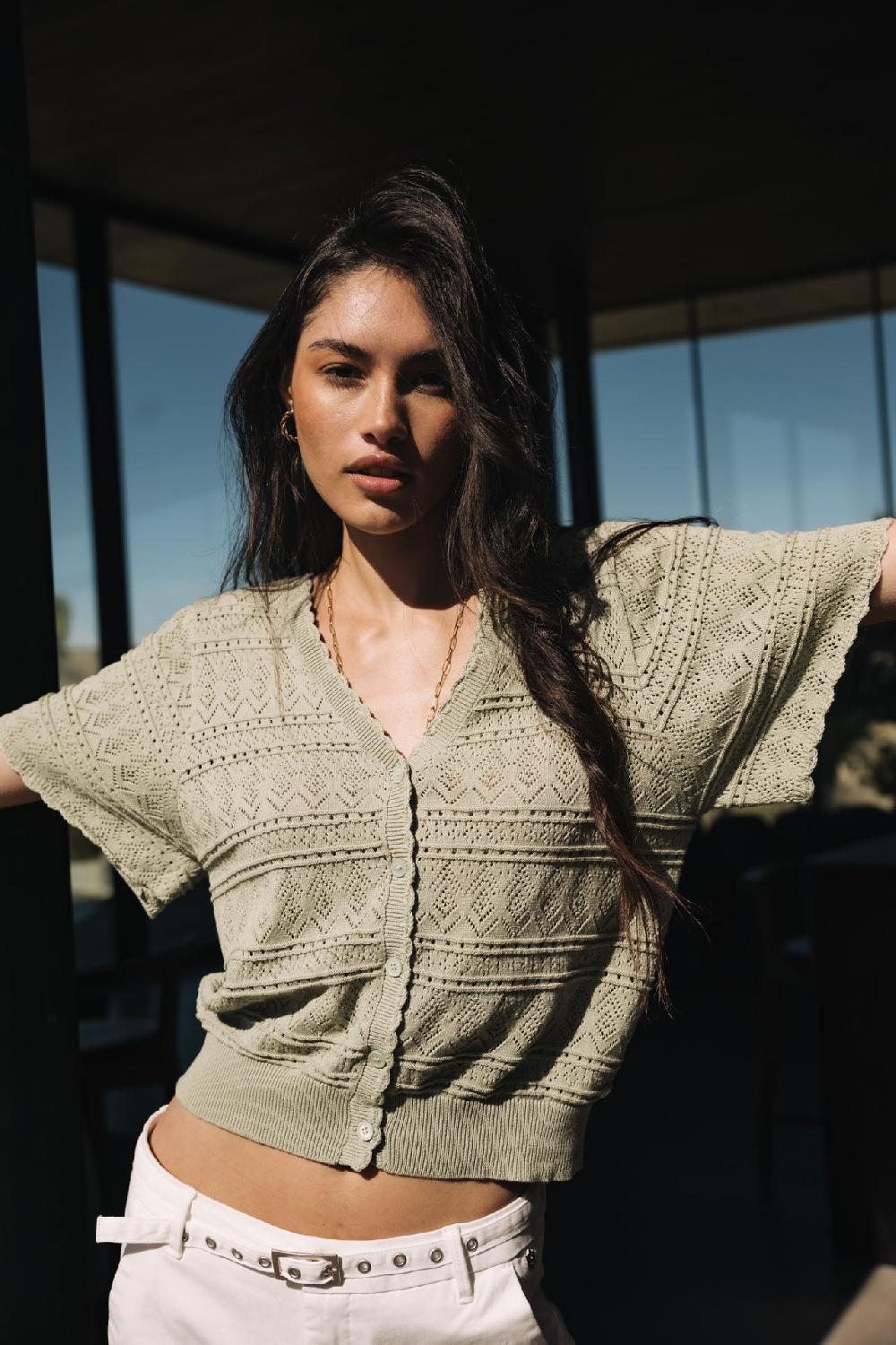 Freeman T. Porter Pradda Cardigan En Maille Ajourée Femme Desert Sage