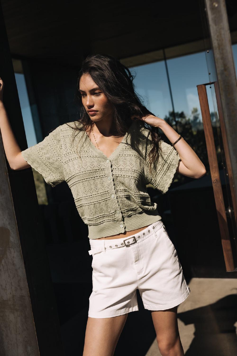 Freeman T. Porter Pradda Cardigan En Maille Ajourée Femme Desert Sage