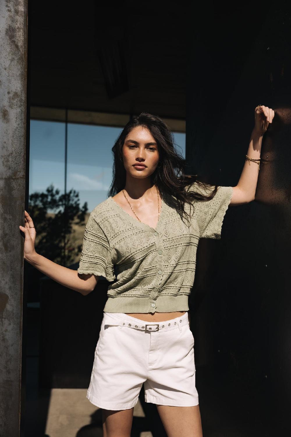 freeman t. porter Pradda Cardigan en maille ajourée Femme desert sage