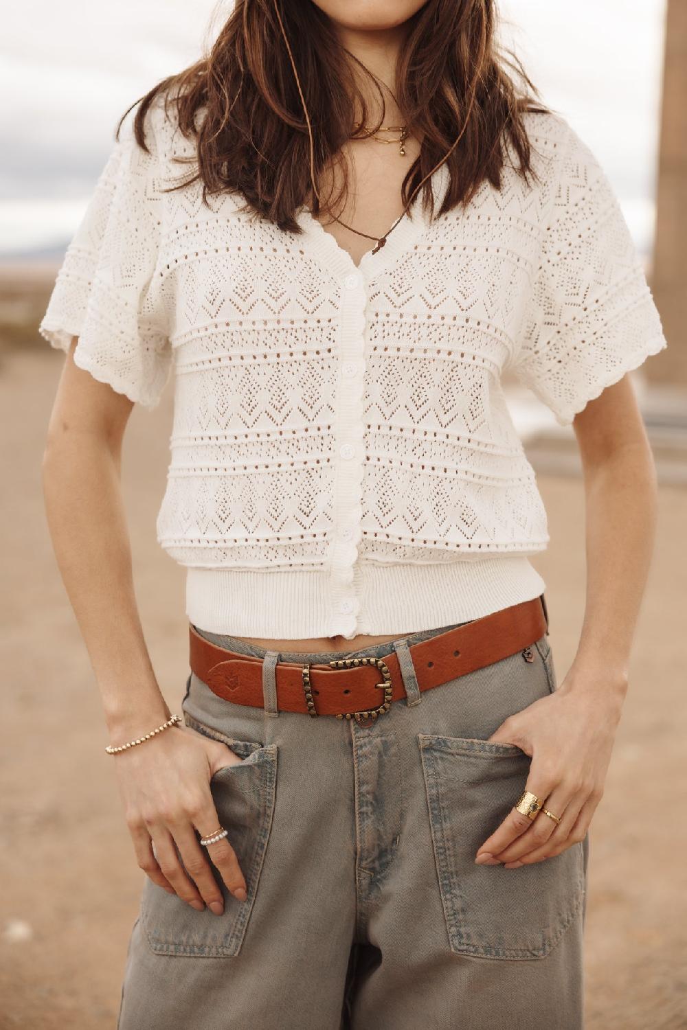 Freeman T. Porter Pradda Cardigan En Maille Ajourée Femme Off White