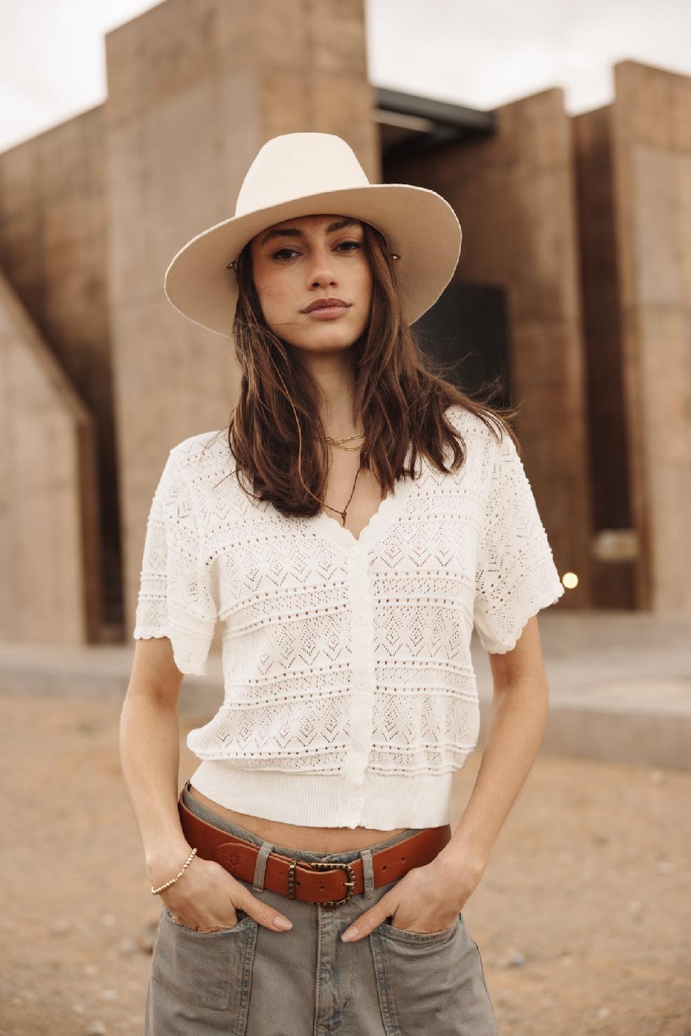 freeman t. porter Pradda Cardigan en maille ajourée Femme off white