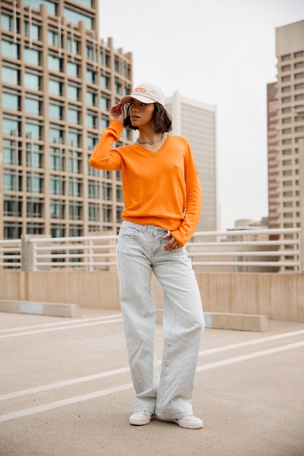 Freeman T. Porter Preem Pull Ajusté Col V Femme Sun Orange