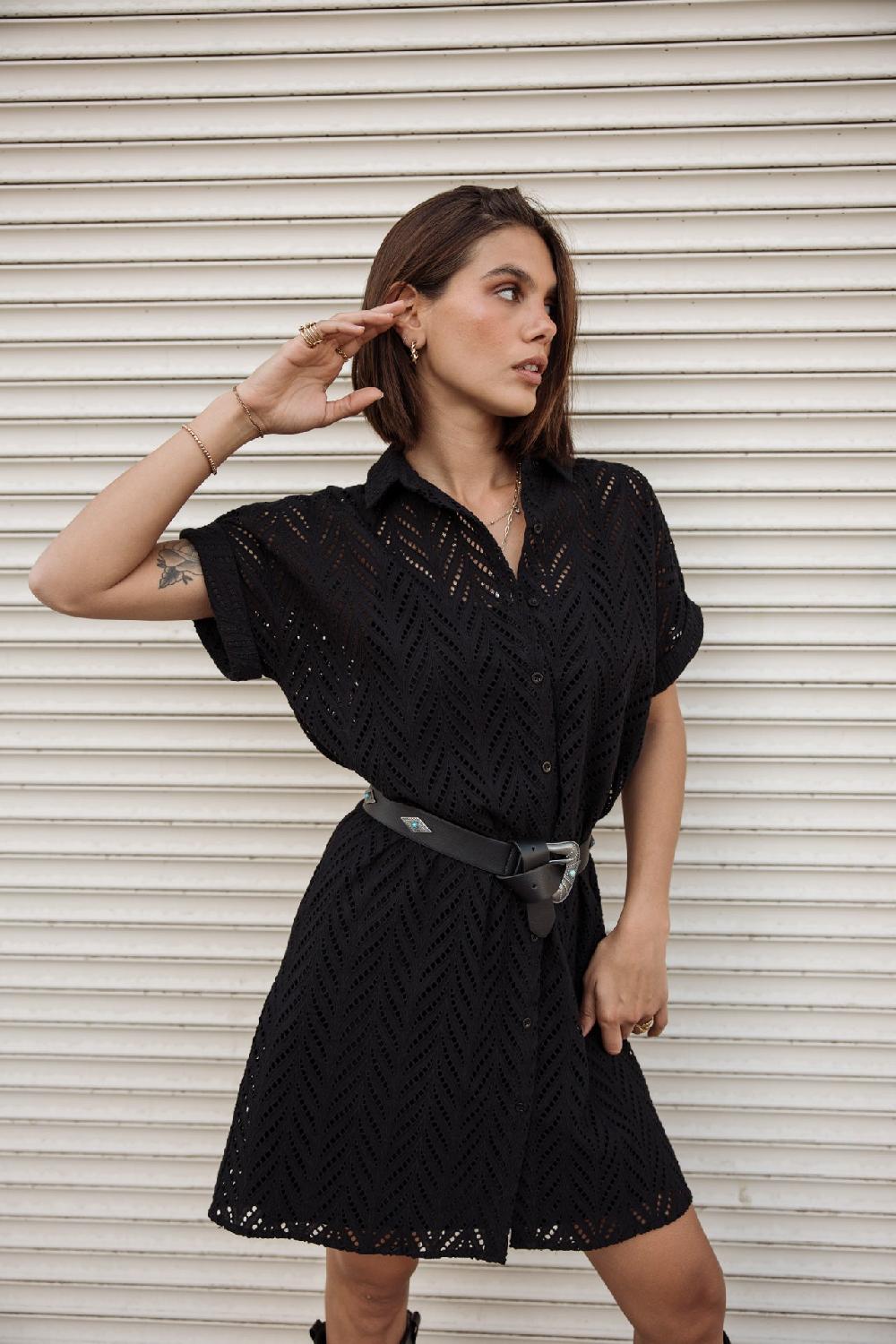 Freeman T. Porter Raffia Leaf Lace Robe Chemise Femme Black