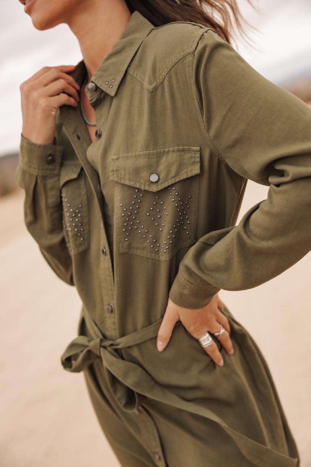 Freeman T. Porter Ravissa Plain Robe Chemise Détails Clous Femme Khaki