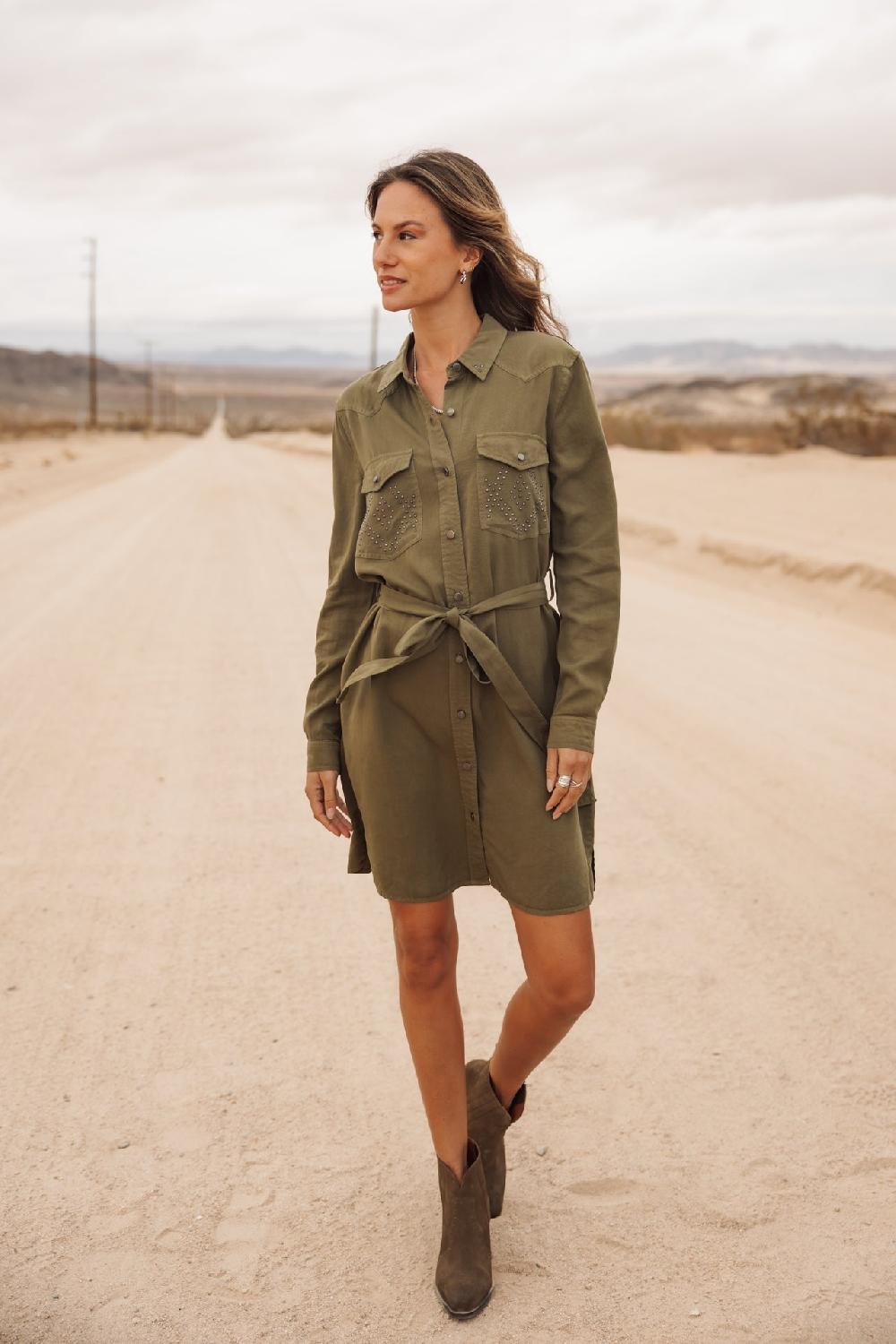 freeman t. porter Ravissa Plain Robe chemise détails clous Femme khaki