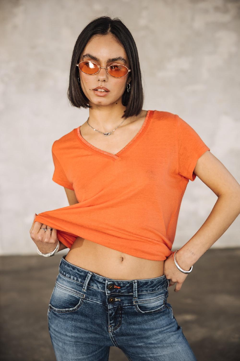 freeman t. porter Taile Ribbon T-shirt col V Femme coral