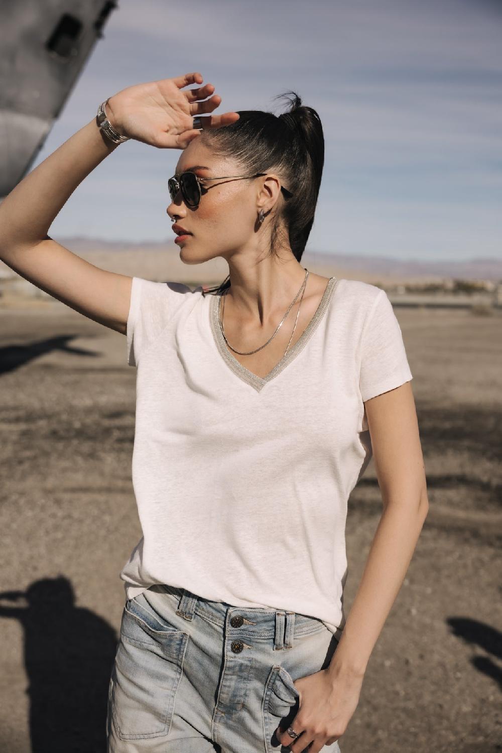 freeman t. porter Taile Ribbon T-shirt col V Femme silver