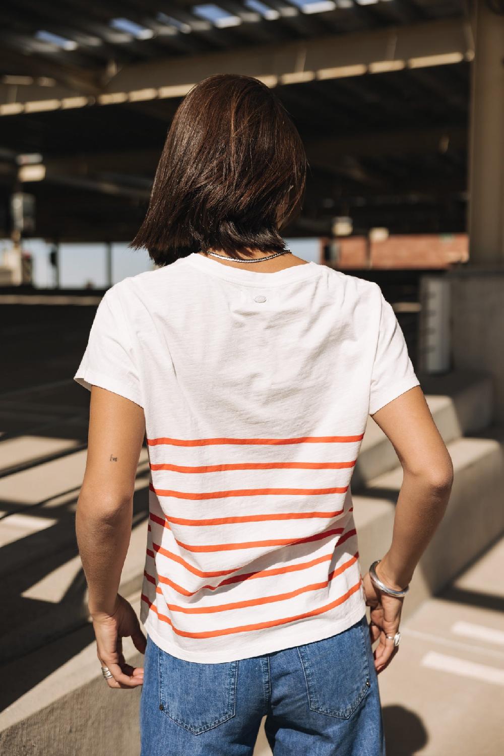 Freeman T. Porter Tema Stripes Be Alive T-shirt Col V à Rayures Femme Cherry Tomato