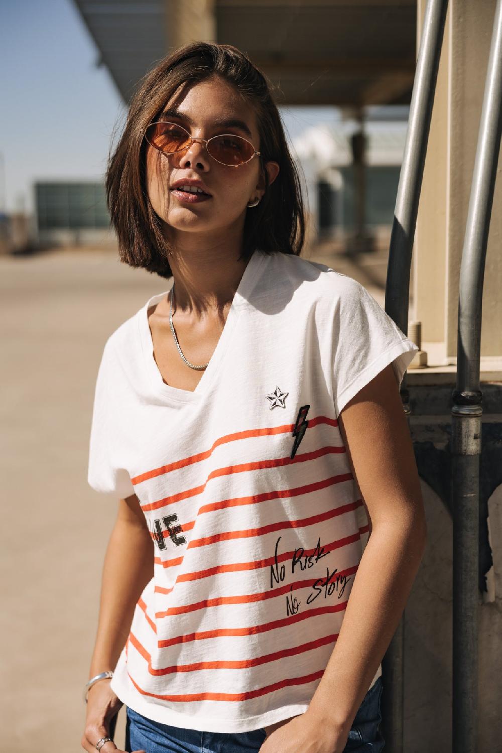 Freeman T. Porter Tema Stripes Be Alive T-shirt Col V à Rayures Femme Cherry Tomato