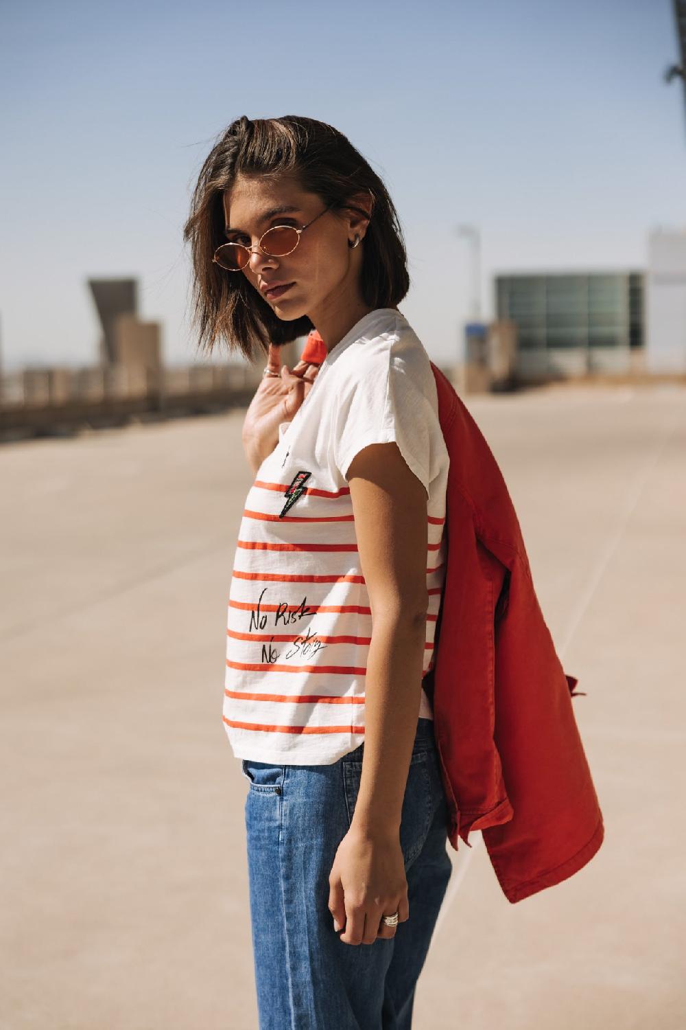 Freeman T. Porter Tema Stripes Be Alive T-shirt Col V à Rayures Femme Cherry Tomato