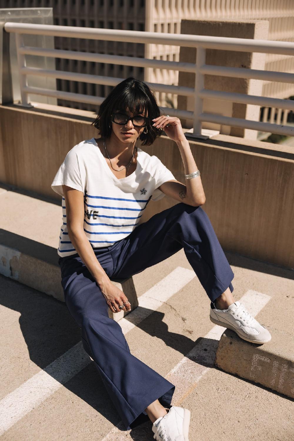 Freeman T. Porter Tema Stripes Be Alive T-shirt Col V à Rayures Femme Dazzling Blue