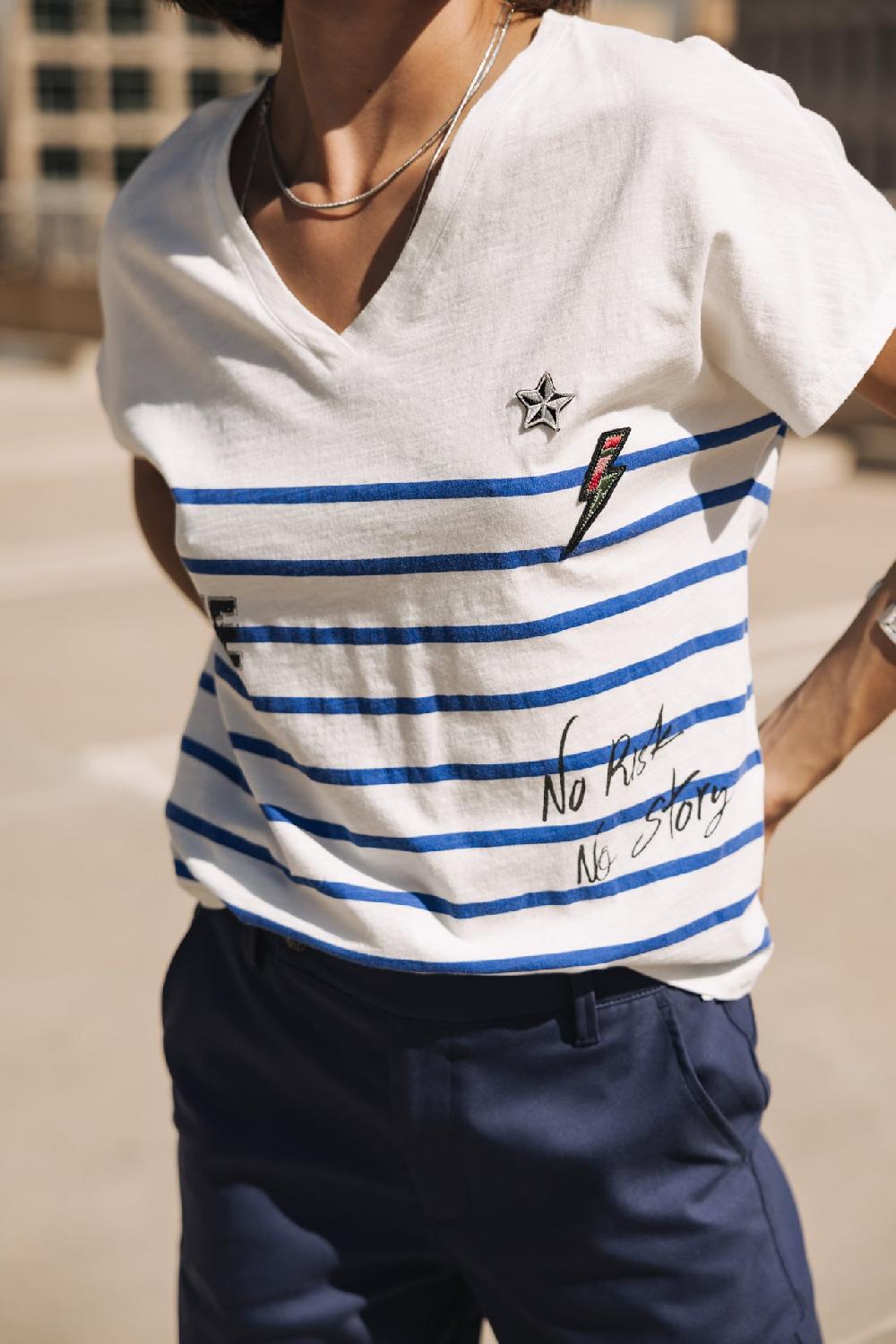 Freeman T. Porter Tema Stripes Be Alive T-shirt Col V à Rayures Femme Dazzling Blue