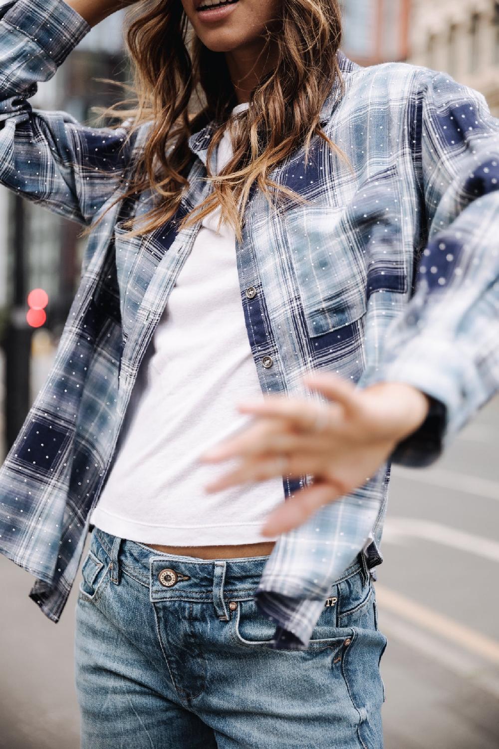 Freeman T. Porter Tickya Rhinestone Tiles Chemise à Carreaux Femme Blue